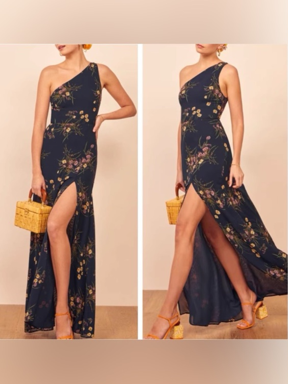 Reformation Navy Floral One Shoulder Gown